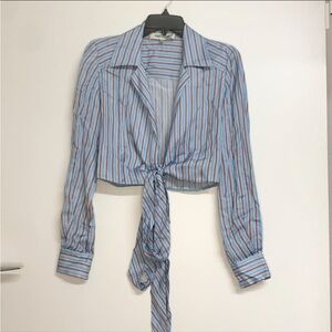 New DVF Wrap Shirt Cropped Long Sleeve Blue w/Red, Yellow, Black Striped Size 0